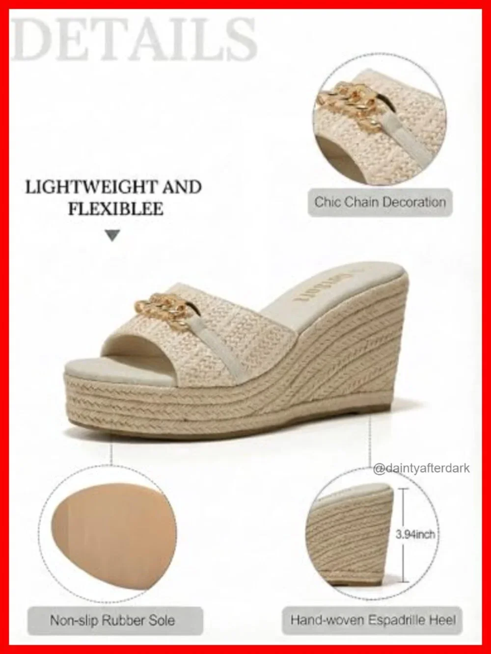 Raffia Wedge Sandals Women Chain Decor Memory Foam Espadrille Platform Mules